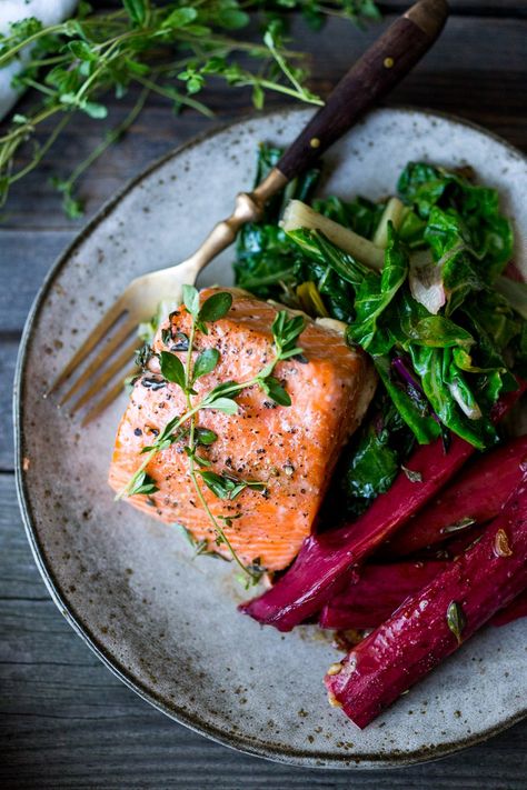 Roasted Salmon with Rhubarb and Chard- a quick healthy meal that can be made in 30 minutes. |www.feastingathome.com Healthy Rhubarb Recipes, Best Salmon Recipe, Roasted Rhubarb, Healthy Weeknight Meals, Salmon Seasoning, Rhubarb Recipes, Roasted Salmon, Quick Healthy Meals, Quick Healthy