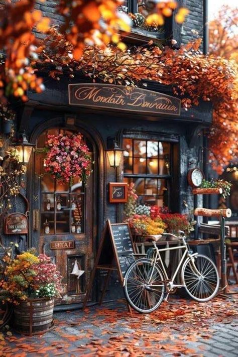 Autumn Aesthetic Bookstore, Autumn Restaurant Decor, Fall Bookstore Aesthetic, Fall Season Pictures, Restaurant Vibes, Autumn Village, Autumn Wallpaper, Autumn Magic, Cozy Cafe