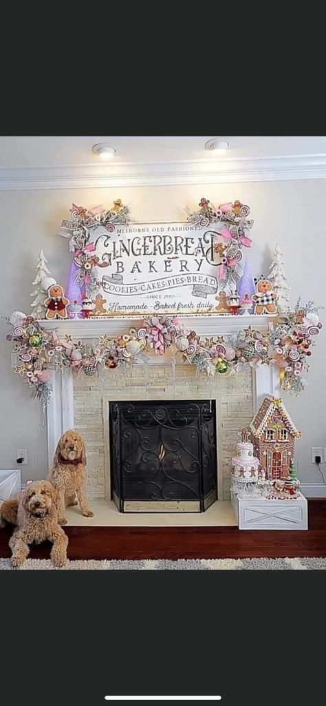 Gingerbread Christmas Mantle, Candyland Christmas Fireplace, Sweets Christmas Decorations, Ginger Bread Theme Christmas Tree, Candyland Christmas Aesthetic, Gingerbread And Candy Christmas Tree, Sugarplum Christmas Decor, Gingerbread Mantel Ideas, Decorating With Gingerbread Theme