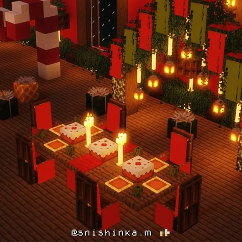 Minecraft Holiday House, Minecraft Christmas House Interior, Minecraft Dinner Table Ideas, Christmas Decor Minecraft, Minecraft Christmas Interior, Minecraft Christmas Cabin, Minecraft Dinner Table, Christmas House Minecraft, Christmas Minecraft Ideas