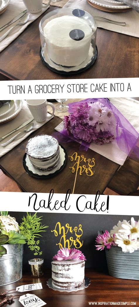 Turn a grocery store cake into a naked cake! Grocery Store Cake Makeover Diy, How To Make A Naked Cake, Grocery Store Wedding Cake, Diy Store Bought Cake Makeover, Using Real Flowers On Cake, Naked Cake Decorating Ideas, Store Cake Makeover, Store Bought Cake Makeover, Grocery Store Cake Makeover