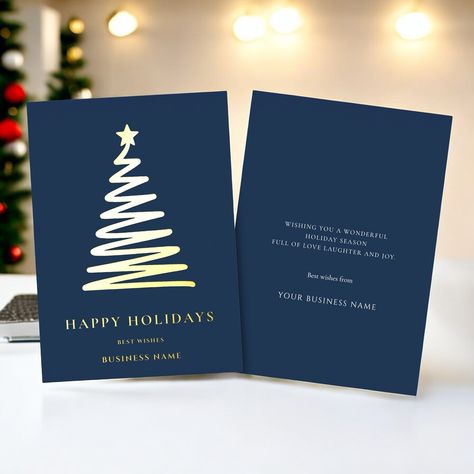 A sophisticated, contemporary corporate holiday card featuring a sleek foil overlay Christmas tree on a navy blue backdrop. The greeting and company name can be customized to perfectly reflect your business. An elegant and polished design that will make a lasting impression this holiday season!⁠ #zazzlemade #business #christmascards #editabletemplate #minimaldesigns #xmas #moderncards Company Holiday Card, Company Christmas Card, Business Christmas Card, Christmas Card Elegant, Company Holiday Cards, Postcard Ideas, Company Christmas Cards, Corporate Christmas Cards, Corporate Holiday Cards