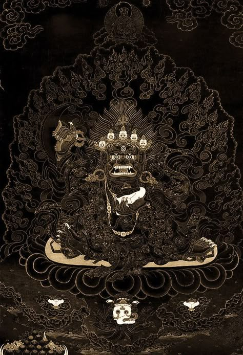 Tibetan Buddhist Thangka of Mahakala (gold on black) Buddhist Iconography, Thangka Painting, Tibetan Art, Tibetan Buddhism, Tibetan Buddhist, Buddha Art, Buddhist Art, God Art, Hindu Art