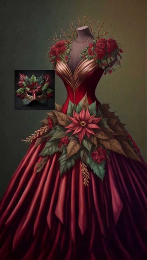 Christmas Dress Fantasy Art, Christmas Ball Gowns, Winter Masquerade Ball, Fantasy Masquerade Ball, Christmas Ballgown, Floweral Design, Mrs Claus Dress, Big Ball Gowns, Masquerade Ball Outfits