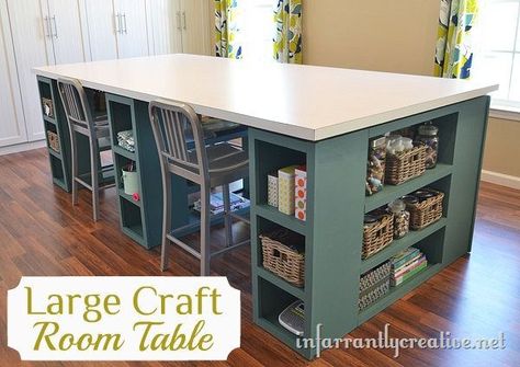 Large Craft Table - I might create a variation of this as my dining/utility space since I have one large open floorplan. Large Craft Table, Craft Table Top, Organize Crafts, Workstation Ideas, Queenslander Renovation, Craft Tables, Craft Room Tables, Quilt Room, Cash Wrap