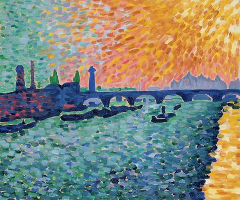 "Waterloo Bridge" is one in a series of paintings Andre Derain did for the art dealer Ambroise Vollard. Fascinated by the atmosphere of the British capital, Derain provided a Fauvist interpretation of the banks of the Thames, which was famously depicted earlier by Turner and Monet. The vivid shades of blue and orange are a wonderful fit for spring/summer decorating. #decor #art Artist Monet, Andre Derain, André Derain, Waterloo Bridge, Paintings Canvas, Famous Artwork, Fauvism, Oil Painting Reproductions, Painting Reproductions