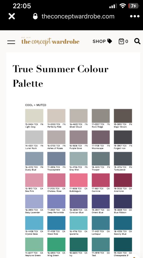 True Summer Green, Summer Cool Color Palette, Summer Colour Analysis, Cool Summer Color Palette, True Summer Palette, Soft Summer Wardrobe, Season Analysis, Summer Colour Palette, Summer Color Palettes