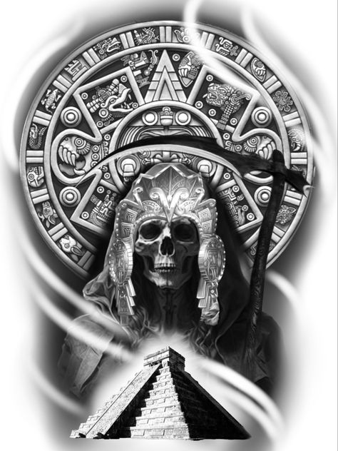 Aztec mayan santa muerte tattoo desing for men art drawing diseño Men Art Drawing, Aztec Pyramid Tattoo Design, Mexican Pyramid Tattoo, Tattoo Ideas Aztec Mexican, Aztec Pyramid Tattoo, Jalisco Tattoo Ideas, Santa Muerte Tattoo For Men, Aztec Drawing Sketches, Santa Muerte Drawing