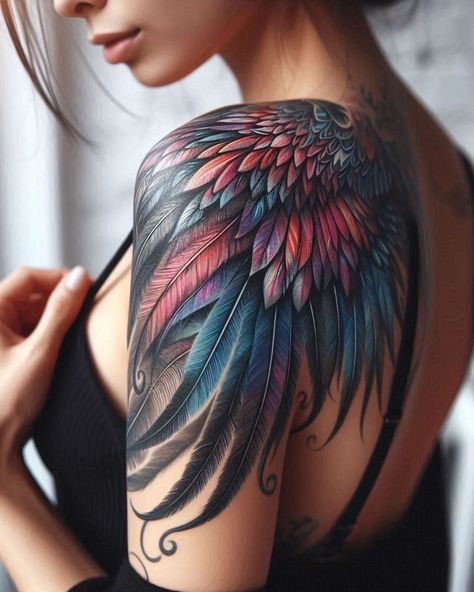 Angel Wing Sleeve Tattoo Women, Angel Feather Tattoo, Angel Wings Tattoo Shoulder, Angel Wing Tattoo On Arm, Tattooed Bodies, Tattoo Angel Wings, Wing Tattoo Arm, Guardian Tattoo, Angel Wings Tattoo On Back