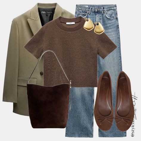 Easy outfit to recreate. Oversized blazer and ballet flats are my go to this fall 🍁 Outfit links can be found in my highlights (Sep links) #Fashion #Style #Trendy #StreetStyle #LTKuk #LTKsummer #ltkeurope #Fashionista #StylishLife #ChicStyle #FashionDiaries #InstaFashion #TrendyLooks #OutfitGoals #FashionAddict #StyleInspo #FashionTrends #StyleFile #FashionDaily #Lookbook #GlamourStyle #FashionForward #StyledByMe #fashionablelife #autumnvibes🍁 #autumnoutfit #monday How To Style Brown Shirt Women, Brown Suede Purse Outfit, Chic Astethic, Brown Tee Outfit, Brown Ballet Flats Outfit, Flat Shoes Women Outfit, Suede Flats Outfit, Brown On Brown Outfit, Head Band Outfit