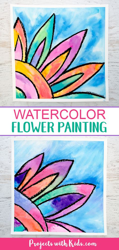 Bright bold colors give this watercolor flower painting the wow factor! Kids will love using easy watercolor techniques to create this gorgeous art project. #watercolorpainting #kidsart #flowercrafts #projectswithkids Watercolor Flower Painting, Spring Art Projects, Kids Watercolor, Watercolor Projects, Elementary Art Projects, Homeschool Art, Kindergarten Art, School Art Projects, Watercolor Flowers Paintings