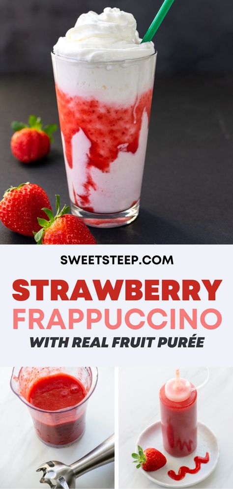 Diy Strawberry Frappuccino Starbucks, Strawberries And Creme Frappuccino, Starbucks Strawberry Cream Frappuccino, Strawberry And Creme Frappuccino, Strawberry Frappuccino Starbucks Recipe, Strawberry Creme Frappuccino Starbucks Recipe, How To Make Strawberry Frappuccino, Strawberry And Cream Frappe Starbucks, Starbucks Creme Frappuccino Recipe