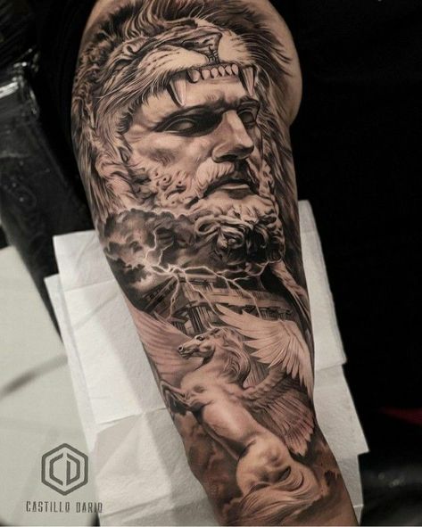 Legs Tats, Hercules Tattoo, Pegasus Tattoo, Arm Tattoos For Guys Forearm, Greek God Tattoo, Atlas Tattoo, Zeus Tattoo, Lion Head Tattoos, Full Sleeve Tattoo Design