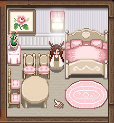 Cute Game Aesthetic, Stardew Valley Cute House Interior, Stardew Valley Cute Mods, Stardew Valley House Interior No Mods Pink, Aesthetic Stardew Valley Mods, Stardew Valley Coquette, Stardew Valley Cute, Stardew Valley Pink Aesthetic, Stardew Valley Pink House