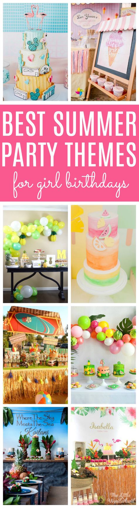 11 Best Girls Summer Party Themes | Pretty My Party Summer Birthday Party Themes, Summer Birthday Ideas, Summer Birthday Themes, Summer Birthday Party Invitations, Party Ideas For Girls, Summer Party Ideas, Pool Party Themes, Summer Party Themes, Girls Birthday Party Themes