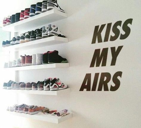 Sneakerhead Bedroom, Vinyl Bedroom, Wall Shoe Storage, Sneakerhead Room, Sneaker Displays, Teenager Bedroom Boy, Hypebeast Room, Fabric Wall Decor, Boys Bedroom Makeover