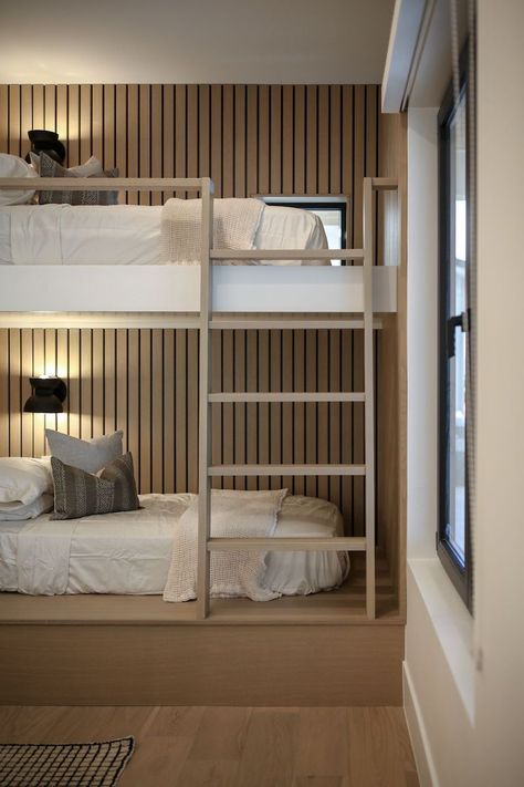 Project Reveal: The Boy’s Bunk Room of our Elevated Views Project – Becki Owens Blog Sophisticated Bunk Beds, Bunk Bed Wall Lights, Bunk Bed Inspiration, Bachelor Suite Ideas Small Spaces, Bunk Room Basement, Closet Bunk Beds Built Ins, Japandi Bunk Bed, Built In Bunk Beds Diy, Twin Bunk Bed Ideas For Small Room