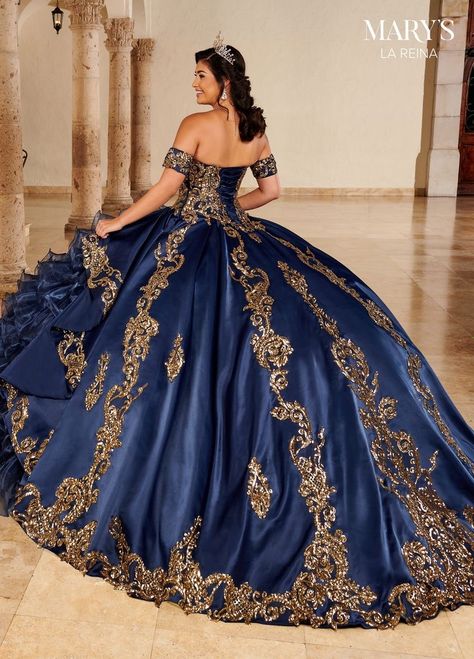 Navy blue Quinceañera dress, ballgown, XV años, sweet 16, La Reina, Mary’s, gold accents, long train, Lina V Quinceañera, Houston, TX, Harwin Navy Blue Quinceanera Dresses, Blue Quince Dress, Royal Blue Quinceanera Dresses, Royal Blue Quinceanera, Vestido Charro, Xv Dresses, Blue And Gold Dress, Quinceanera Themes Dresses, Charro Quinceanera Dresses