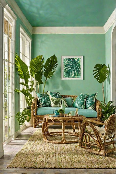 ​ #ad     #Colortrend #wallpaint2024  #color2024  #DIYpainting  ##DIYhomedecor  #Fixhome Tropical Island Living Room, Green Tropical Living Room, Hawaii Home Decor Interior Design, Green Beach House, Turquoise Beach House, Tropical Home Design, Hawaii Living Room Tropical Style, Key West Interior Design, Beach Bungalow Interior