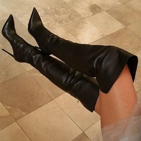 Ladies Heels, Long Leather Boots, Pointy Toe Boots, Black Thigh High Boots, Thigh High Heels, Dr Shoes, Ladies Boots, Hot Boots, Thigh High Boots Heels