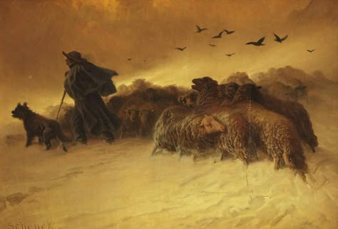 Shepherd With Dog And His Flock Of Sheep In Winter Landscape by August Friedrich Albrecht Schenck (1828 - 1901) August Friedrich, Flock Of Sheep, Sheep Paintings, Creepy Images, Great Paintings, Oil Painting Reproductions, Animal Sketches, Painting Reproductions, Old Art