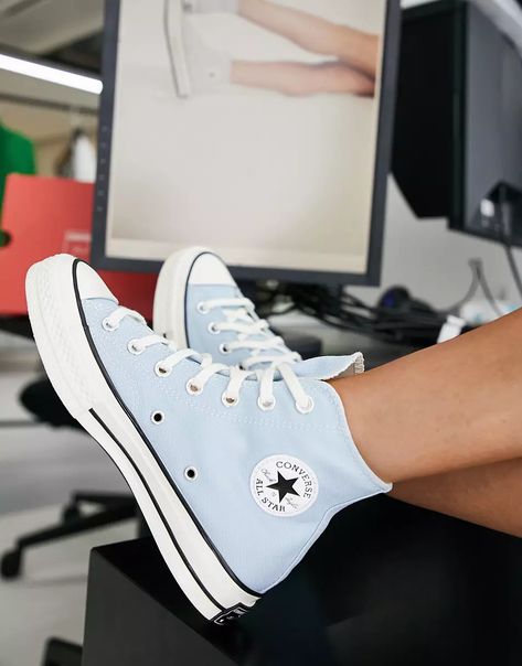 Converse Chuck Taylor 70 trainers in baby blue | ASOS Cute Converse Colors, Cute Aesthetic Shoes, Blue Converse Outfit, Converse Bleu, Converse Colors, Baby Blue Converse, Boty Converse, Converse Haute, Light Blue Converse