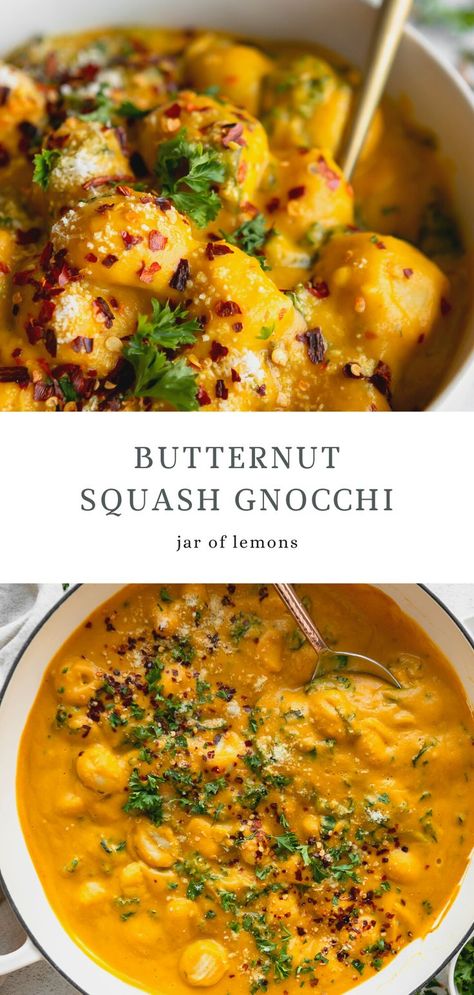 Two images of butternut Squash Gnocchi. Butternut Squash Gnocchi, Squash Gnocchi, Squash Pasta Recipe, Squash Sauce, Butternut Squash Pasta Sauce, Gnocchi Dishes, Healthy Butternut Squash, Butternut Squash Sauce, Dairy Free Recipes Dinner