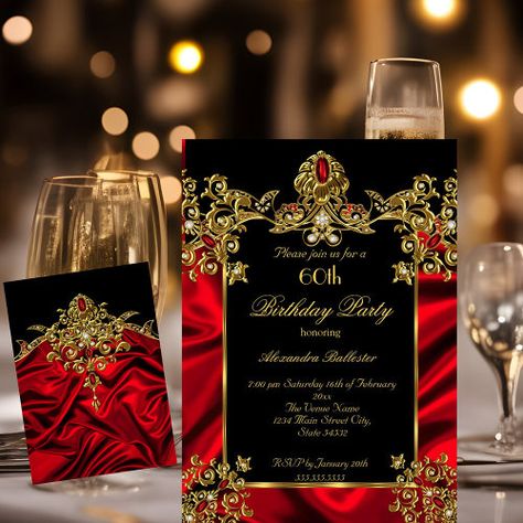 Elegant 60Th Birthday Party Silk Ruby Red Gold 2 Invitation #zazzle #weddinginvitations #birthdayinvitations #babyshowerinvitations #zazzleinvitations #monogram #businesscards #graduation #homedecor Elegant Birthday Invitations, 95 Birthday, Birthday Gold, 60th Birthday Invitations, 2nd Birthday Invitations, Elegant Birthday, 2 Birthday, 60th Birthday Party, Personalized Invitations