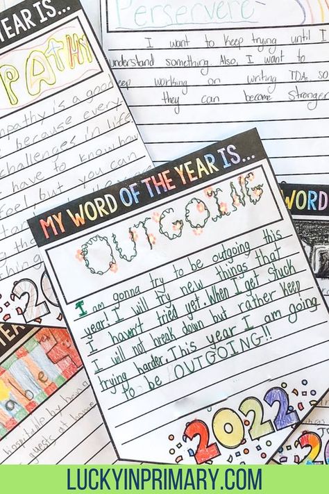 Kick off another year of fun and learning with our exciting New Year's One Word Activity! Perfect for upper elementary students, this engaging project invites kids to think about their year ahead and select one important word that will guide their journey. Say goodbye to resolution failures and hello to successful, goal-oriented students. One Word Resolution, Setting Writing, Goals Bulletin Board, Classroom 2023, Elementary Bulletin Boards, Celebrate Success, January Bulletin Boards, Goal Oriented, Holiday Writing