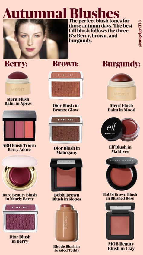 Fall Blush guide (pls credit if reposted) #makeup #blush #fall #autumn Blush Guide, Thanksgiving Apple Cider, Deep Autumn Makeup, Soft Autumn Makeup, Deep Autumn Palette, Autumn Color Palette Fashion, Fall Moodboard, Fall Makeup Trend, Deep Autumn Color Palette