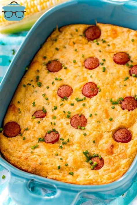 This Hot Dog Corn Casserole recipe is corn casserole with a twist that both kids and adults will love when it hits the dinner table! Casserole With Hot Dogs, Chili Corndog Casserole, Corndog Casserole Jiffy, Corn Dog Casserole Jiffy, Hot Dog Cornbread Casserole, Recipe With Hot Dogs, Recipes Using Hot Dogs, Corn Dog Casserole, Cooking Cheap