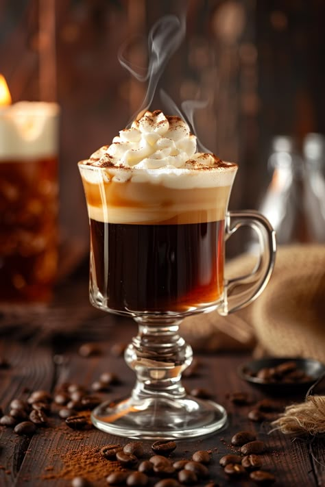 Authentic Irish Coffee Recipe: The Perfect Blend of Whiskey and Coffee #cocktails #cocktailflavors Irish Coffee Aesthetic, Breakfast For Dinner Party, Whiskey And Coffee, Coffee Cocktail Recipes, Alcoholic Coffee Drinks, Coffee Ads, Irish Coffee Recipe, Bartender Drinks Recipes, Xmas Drinks