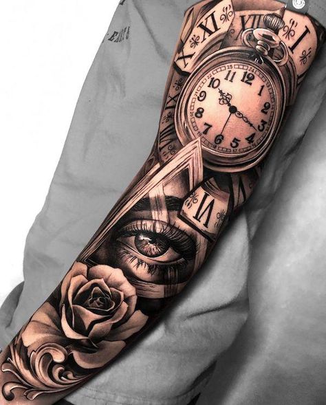 Eye of Providence tattoo with rose and clock Hop Tattoo, Kind Tattoo, Canadian Tattoo, Tattoo Realism, Bamboo Tattoo, Men Tattoos Arm Sleeve, Marquesan Tattoos, Cool Forearm Tattoos, Watch Tattoos