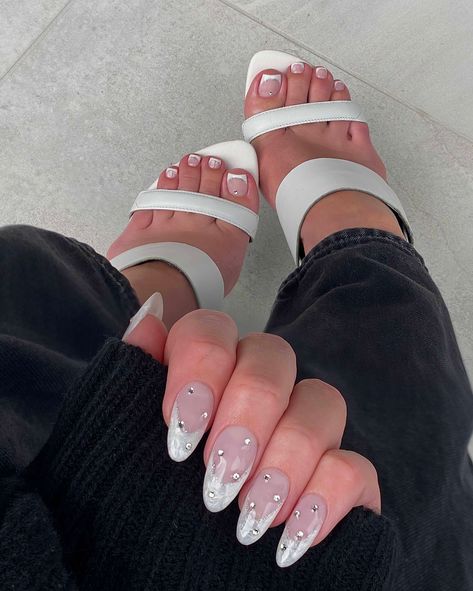 Matching Pedicure And Acrylics, Matching French Manicure And Pedicure, Pedi Mani Combo, French Mani And Pedi, French Tip Mani Pedi, Matching Pedicure And Manicure, Pearl French Manicure, Manicure And Pedicure Ideas Matching, Matching Mani Pedi Ideas