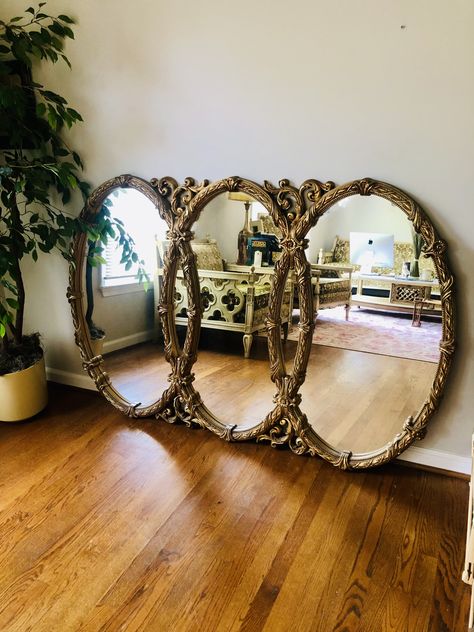 Vintage Gold Hollywood Regency Triple Oval Mirror Large Round Vintage Mirror, Vintage Mirror Decor, Gold Mirror Bedroom, Moody Library, Regency Mirror, Vintage Oval Mirror, Oval Bathroom Mirror, Hollywood Regency Bedroom, Large Gold Mirror