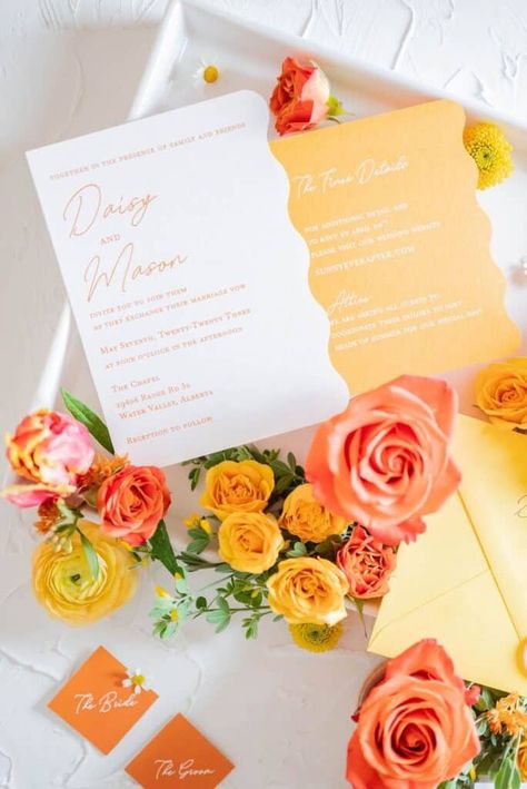 20 Yellow Wedding Ideas - LADY WEDDINGS Sunrise Wedding Invitations, Spring Sunset Wedding Colors, Bright Wedding Stationery, Yellow Orange Wedding Theme, Retro Wedding Invites, Sunset Orange Wedding, Sunset Color Palette Wedding, Orange Summer Wedding, Pink Orange Wedding