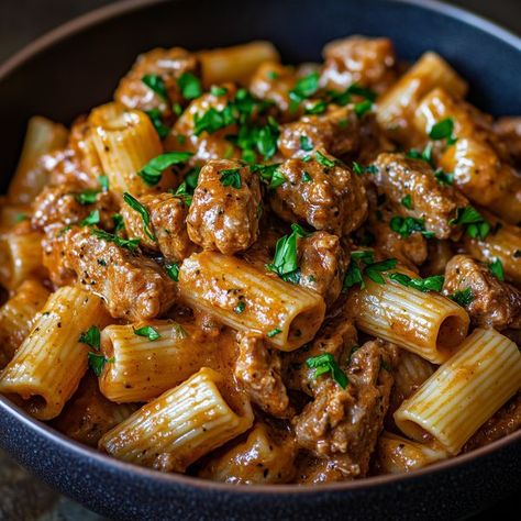 Tasty Recipes & Cooking Ideas by Thalia's Tasty | Creamy Parmesan Beef with Rigatoni Pasta | Facebook Creamy Parmesan Beef With Rigatoni, Parmesan Beef, Beef Rigatoni, Creamy Rigatoni, Rigatoni Recipes, Beef Pasta Recipes, Rigatoni Pasta, Beef Pasta, Cozy Dinner