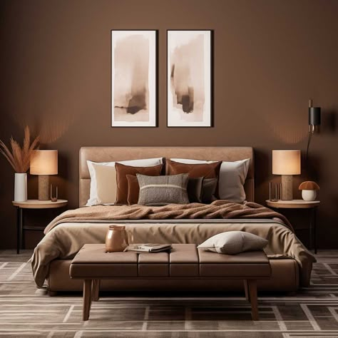 Brown Bedroom Decor Ideas, Tan Bedroom Ideas, Brown Bedroom Walls, House Rooms Ideas, Dark Brown Bedrooms, Tan Bedroom, Brown Bedroom Decor, Beautiful Bed Designs, Simple Bed Designs