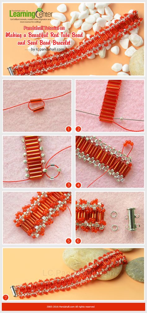 Pandahall Tutorial on Making a Beautiful Red Tube Bead and Seed Bead Bracelet from LC.Pandahall.com Bugle Bead Patterns, Bugle Bead Bracelet, Bead Bracelet Diy, Beaded Necklace Patterns, Seed Bead Bracelet, Bead Weaving Patterns, Beaded Jewelry Tutorials, Beads Bracelet Design, Seed Bead Tutorial