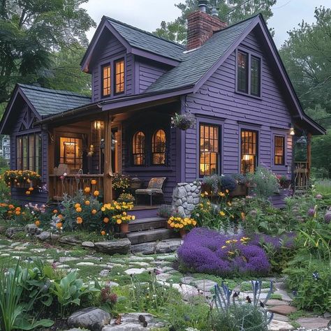 Witchy House Exterior Modern, Witchy Purple Front Door, Purple And Black House, Purple Cottage, Exterior Siding Options, Purple House, Purple Home, Fantasy House, Cute House