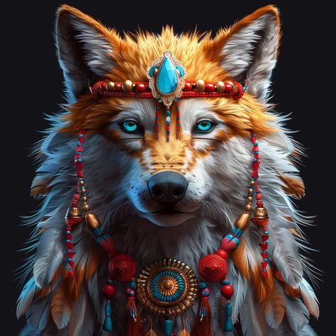 The image is a portrait of a wolf wearing a Native American headdress. The wolf is staring at the viewer with its blue eyes ->> more details in ai-img-gen.com Native American Wolf Art, Indian Ornaments, Indian Totem, Indian Wolf, Hair Feathers, Wolf Totem, Native American Wolf, Native American Headdress, Beautiful Art Pictures