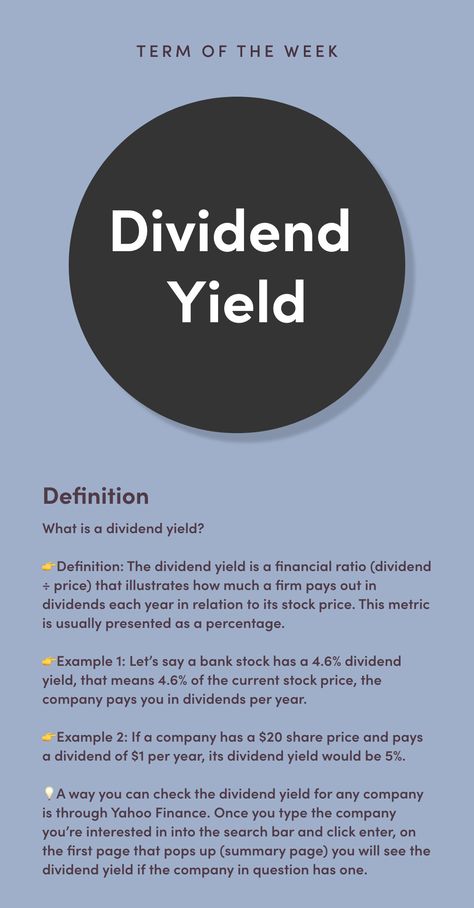 What is a dividend yield? 👉Definition: The dividend yield is a financial ratio (dividend ÷ price) that illustrates how much a firm pays out in dividends each year in relation to its stock price. This metric is usually presented as a percentage. Stock Dividends, Learn Economics, Accounting Notes, Business Study, Economics Notes, Accounting Education, Management Accounting, Financial Literacy Lessons, Business Strategy Management