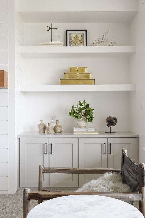 Fireplace is flanked by cabinets in "Sherwin Williams SW 7016 Mindful Gray" and custom chunky floating shelves, painted in "Sherwin Williams SW 7004 Snowbound" #cabinets #fireplacecabinet #chunkyshelves #floatingshelves #SherwinWilliamsSW7016MindfulGray #SherwinWilliamsSW7004Snowbound Living Room Lower Cabinets, Cabinet In Alcove Living Rooms, Floating Shelves Over Cabinet, Floating Shelves Built In, Built In Storage Cabinets Living Room, Built In Lower Cabinets Living Room, Cabinets Beside Fireplace, Floating Shelves Painted, Snowbound Cabinets