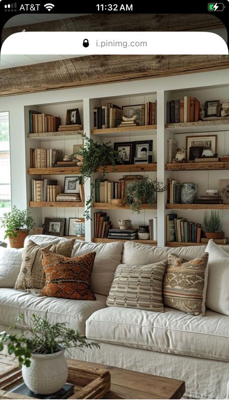 Mission Style Living Room Ideas, Bookcase Around Couch, Behind Couch Built In, Book Shelves Beside Fireplace, Bookcase Wall Behind Sofa, Open Shelving Behind Couch, Built In Bookshelves Living Room With Tv, Living Room Shelving Ideas Behind Couch, Built In Bookshelves Behind Couch