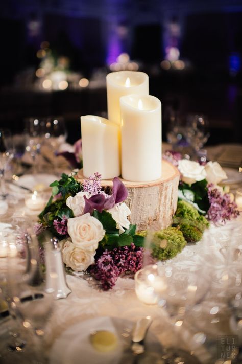 Centerpieces consisted of candles on wood slabs arranged with ivory and purple roses, purple calla lilies and moss. Winter Wedding Table Decorations, Winter Wedding Table, Violet Wedding, Wedding Reception Centerpieces, Reception Centerpieces, Rustic Wedding Centerpieces, Wedding Table Decorations, Deco Floral, Wedding Table Settings