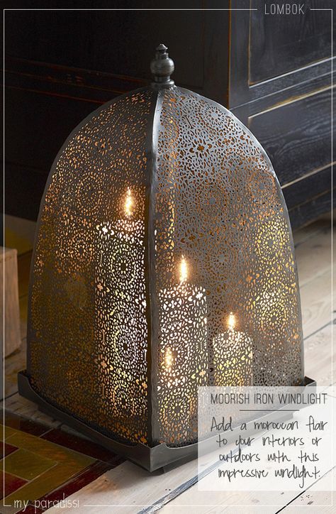 Moorish iron windlight Moroccan Lighting, Moroccan Design, Moroccan Decor, Moroccan Style, Candle Lanterns, Lantern Lights, My New Room, The Floor, Home Deco