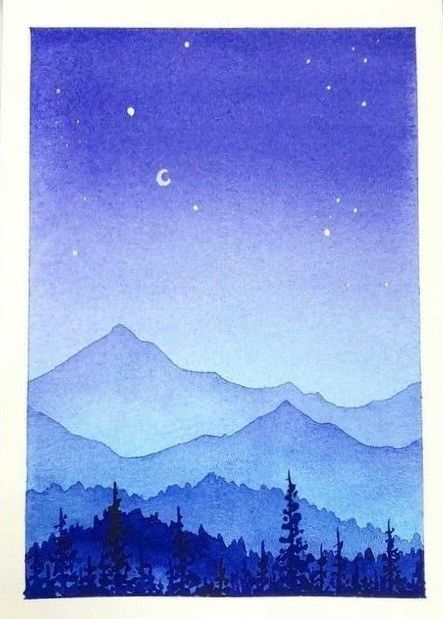 Mountainscape Drawing, Watercolor Intermediate, Mountain Drawing Simple, Watercolor Night Sky, Mountains Watercolor, Mountain Watercolor, Monochromatic Art, Whimsical Art Paintings, Moonlight Painting