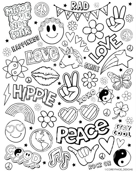 Hippie Collage, Hippie Doodles, Modele Zentangle, Music Vibe, Doodle Icons, Love Coloring Pages, Doodle Art Journals, Doodle Art Drawing, Free Adult Coloring Pages