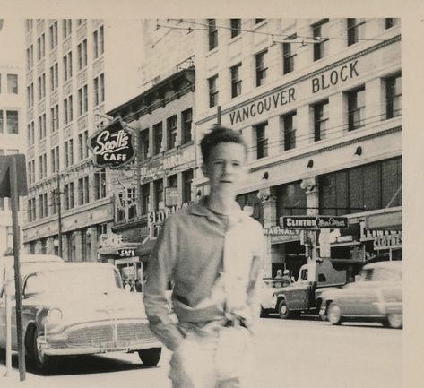 Teenager walking on Granville Street in the '50's. Scott's Cafe, 722 Granville Street, Vancouver, BC. The Vancouver Block. Buick street scene. Vintage Vancouver, Granville Street, Vancouver Bc Canada, Easy Rider, Watercolor Cat, Bc Canada, Vancouver Bc, Street Scenes, Buick