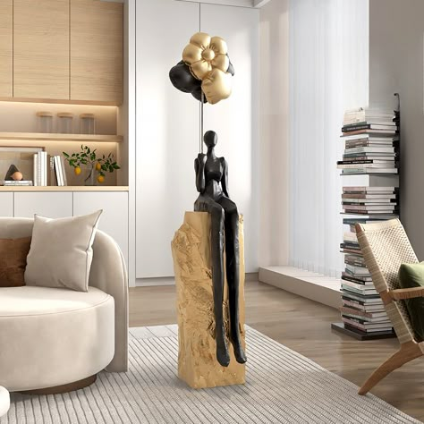 Black And Gold Home Decor, Black And Gold Home, Tall Sculpture, Bedroom Large, Floor Decoration, Sculpture Modern, Gold Home Decor, Living Room Design Inspiration, Modern Sculpture